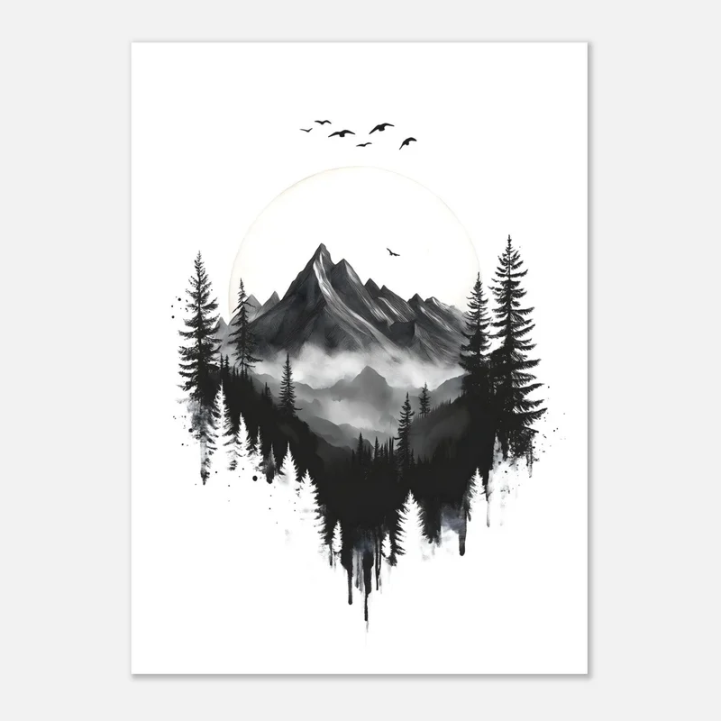 Poster noir et blanc d’une forêt de sapins noirs et clairs autour d’une montagne dans la brume, devant un cercle pâle, avec des oiseaux en vol