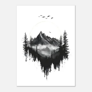 Poster noir et blanc d’une forêt de sapins noirs et clairs autour d’une montagne dans la brume, devant un cercle pâle, avec des oiseaux en vol