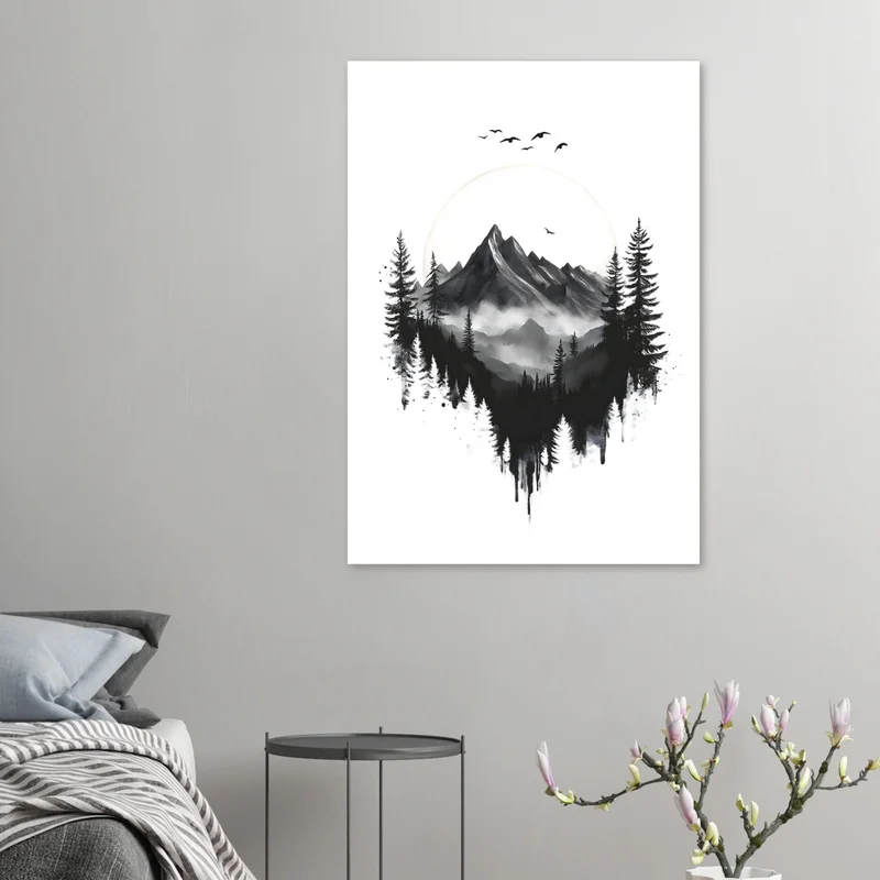 Poster Forêt de Sapins et Montagne dans la Brume, en situation