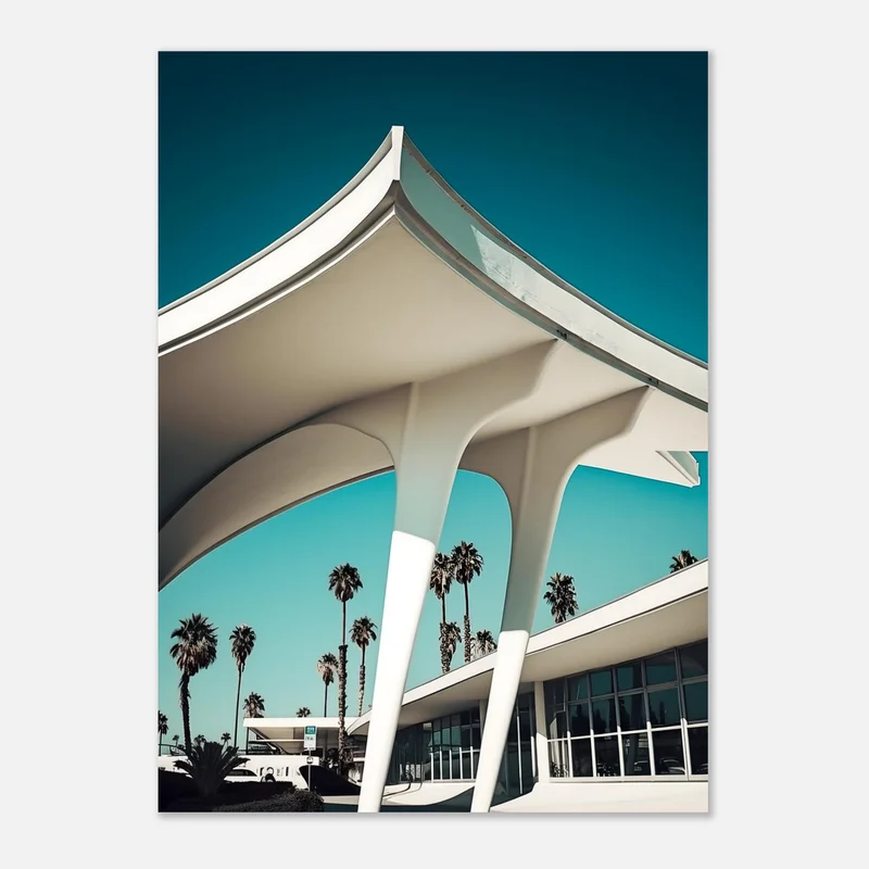 Poster d'architecture Googie vintage avec un toit blanc relevé en forme d'aile sur des piliers obliques, façade vitrée et palmiers sous un ciel turquoise