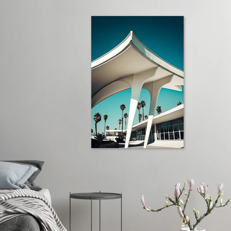 Poster Architecture Googie Vintage, Toit Futuriste et Palmiers, en situation