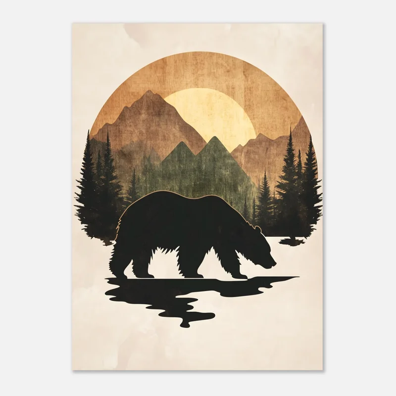 Poster Ours dans la Montagne, Forêt de Sapins et Soleil, Nature Minimaliste