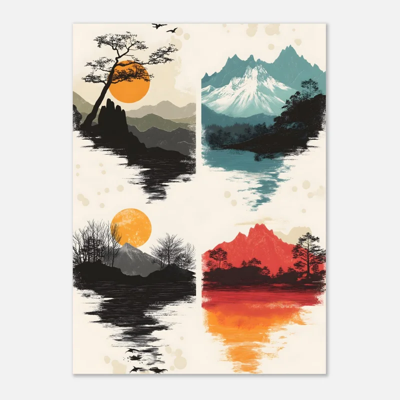 Poster zen de quatre paysages de montagne se reflétant dans l'eau : pin penché devant un soleil orange, sommet enneigé bleu, arbres d'hiver sous un soleil jaune et montagne rouge