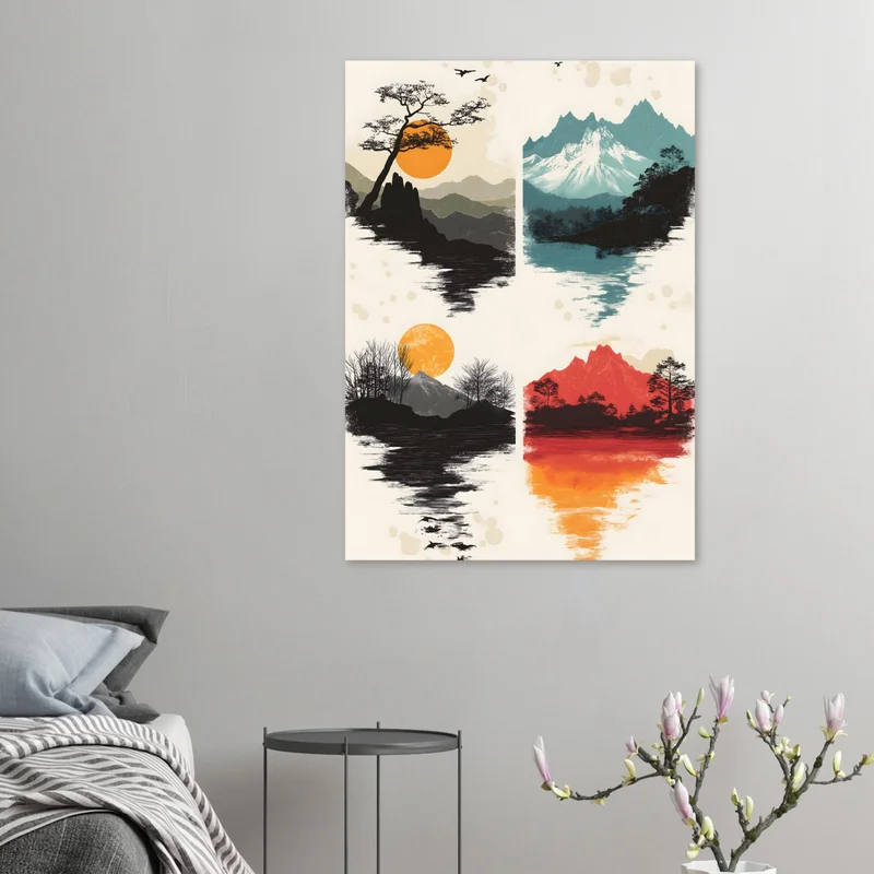Poster Zen Quatre Montagnes et leurs Reflets, Esprit Estampe Japonaise, en situation