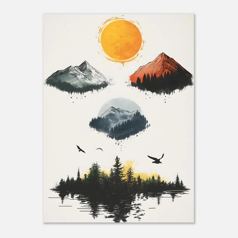 Poster minimaliste d'un soleil ocre au-dessus de trois montagnes flottantes grise, rouge et bleutée, d'oiseaux en vol et d'une forêt de sapins se reflétant dans un lac