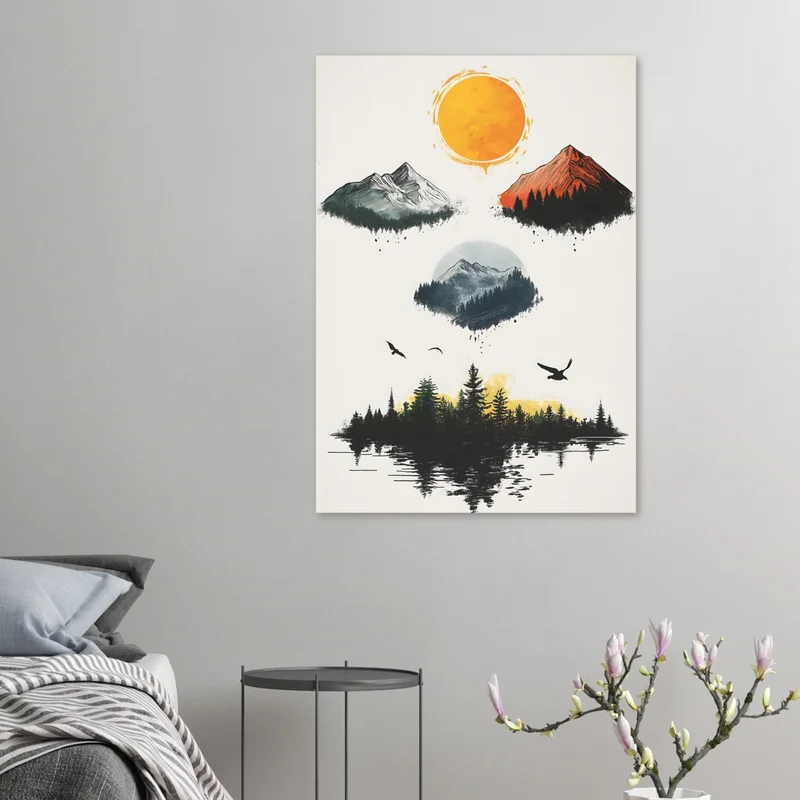 Poster Montagnes Minimaliste, Soleil, Forêt et Lac en Style Encre, en situation