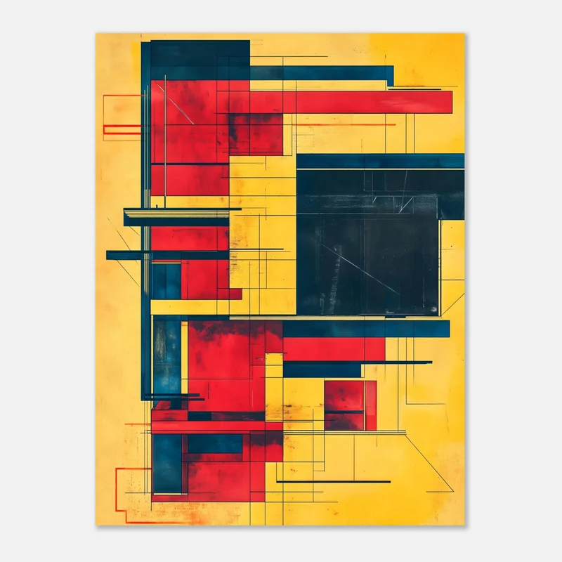 Affiche Bauhaus géométrique : aplats jaune, rouge et bleu structurés par des lignes noires
