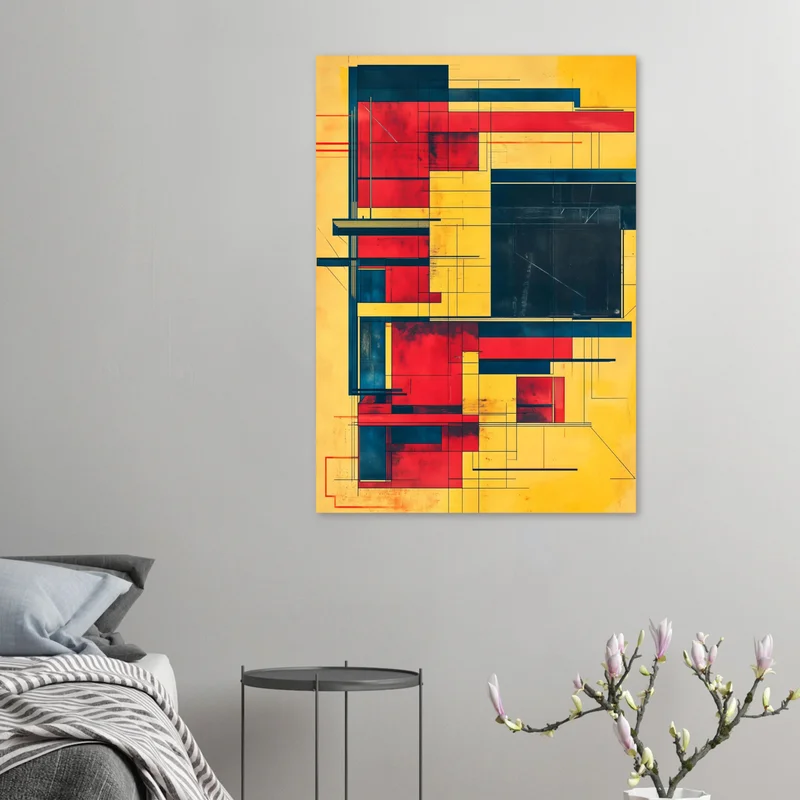 Affiche Bauhaus géométrique jaune, rouge et bleu, en situation
