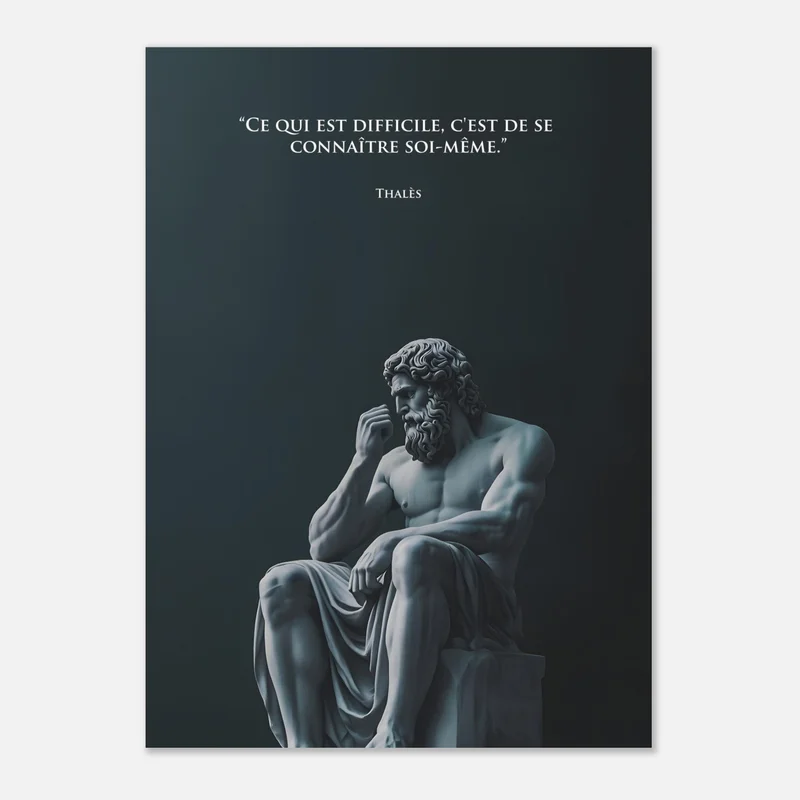 Statue antique de philosophe barbu en marbre assis de profil, le poing près des lèvres, sur fond bleu pétrole, avec la citation de Thalès « Ce qui est difficile, c'est de se connaître soi-même »