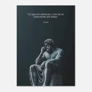 Statue antique de philosophe barbu en marbre assis de profil, le poing près des lèvres, sur fond bleu pétrole, avec la citation de Thalès « Ce qui est difficile, c'est de se connaître soi-même »