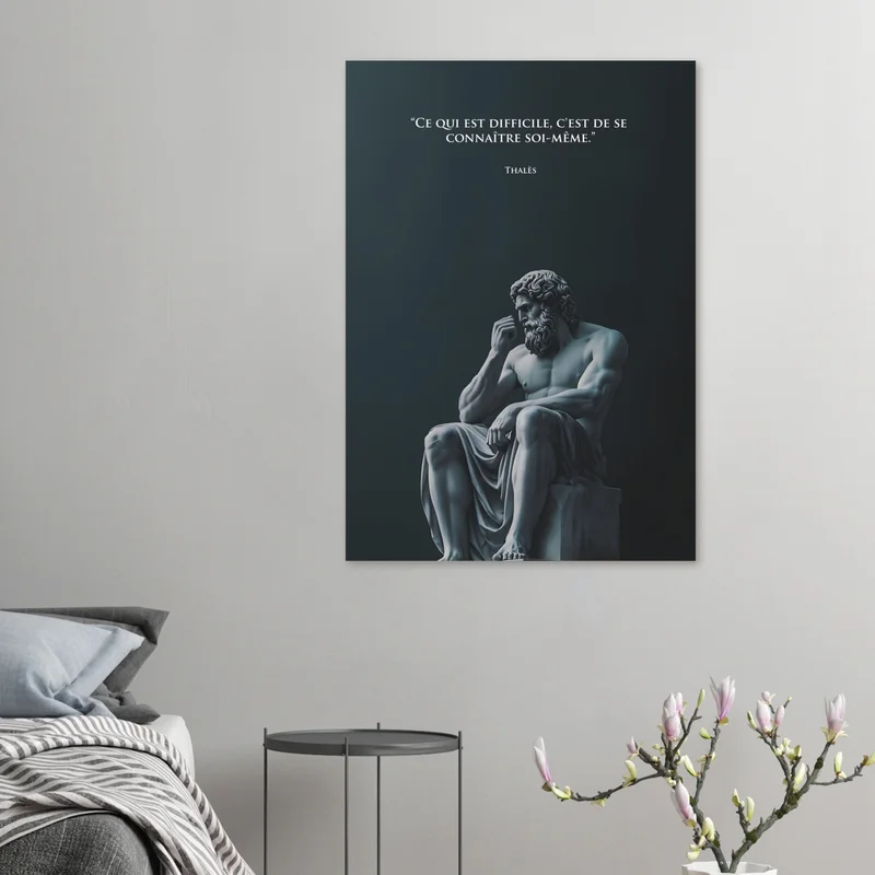 Poster Citation Thalès sur la Connaissance de Soi, Statue Antique en Marbre, en situation