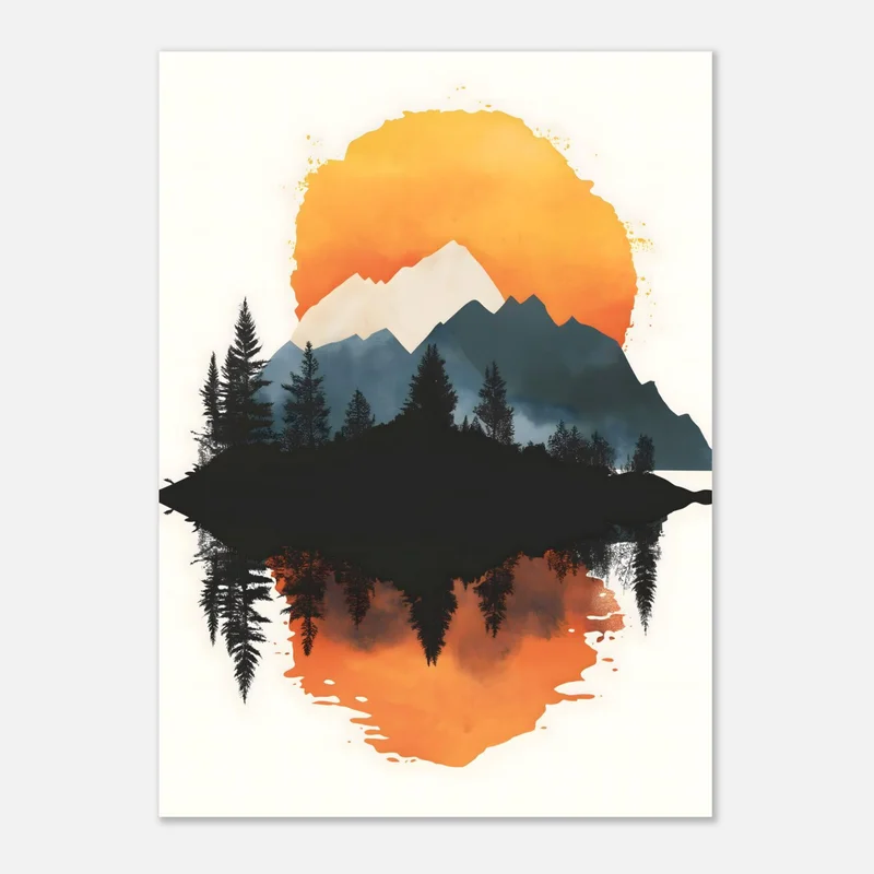 Poster style aquarelle d’un soleil orange derrière des montagnes bleues, avec une forêt de sapins noirs reflétée dans un lac