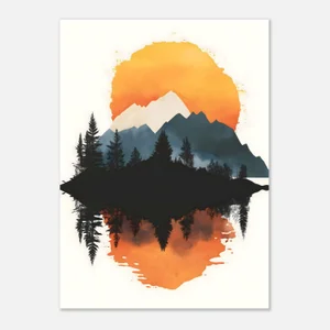 Poster style aquarelle d’un soleil orange derrière des montagnes bleues, avec une forêt de sapins noirs reflétée dans un lac