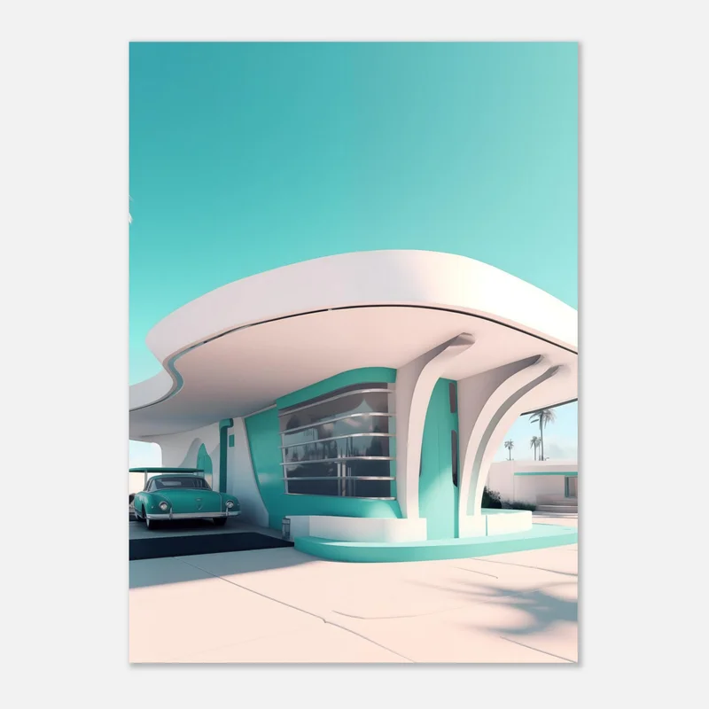 Poster Architecture Googie Rétro, Voiture Ancienne et Tons Menthe