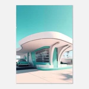 Poster Architecture Googie Rétro, Voiture Ancienne et Tons Menthe