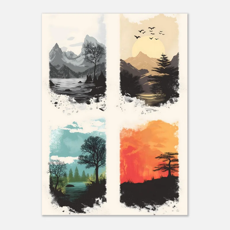 Affiche minimaliste en quatre paysages : montagnes et lac en gris, soleil doré, lac turquoise et coucher de soleil orange