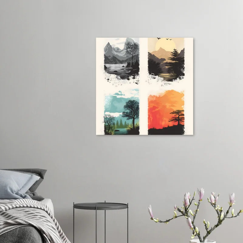 Affiche Paysage Minimaliste : Les Quatre Saisons de la Montagne, en situation