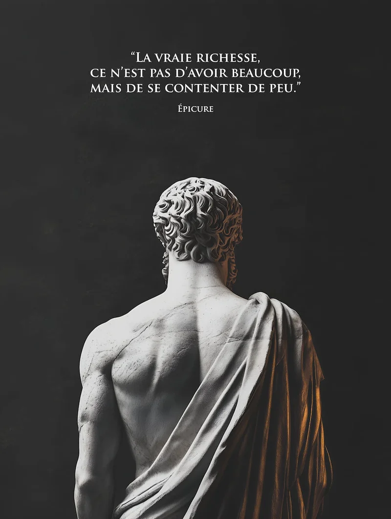 Affiche citation d'Épicure sur une statue antique de dos, drapé doré sur fond noir
