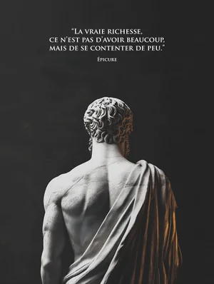 Affiche citation d'Épicure sur une statue antique de dos, drapé doré sur fond noir
