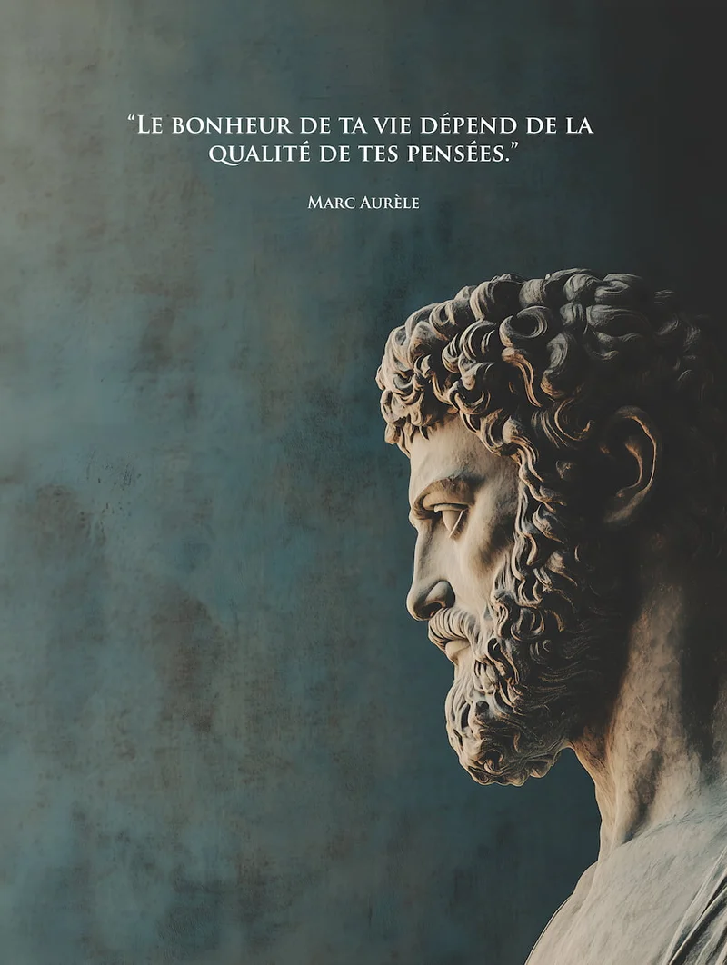 Affiche citation de Marc Aurèle : buste antique de profil sur un fond bleu patiné