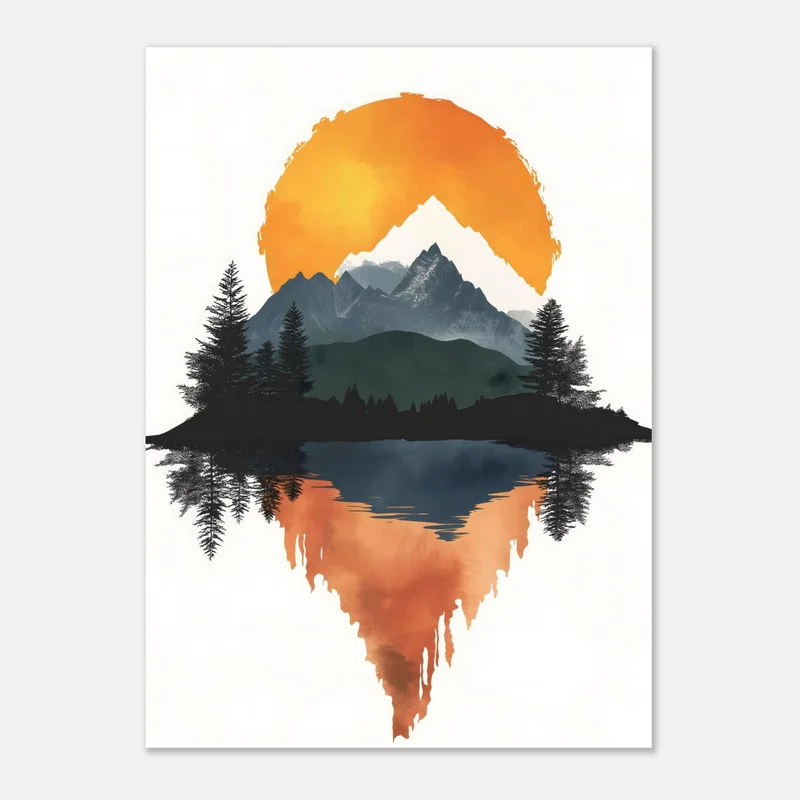 Poster minimaliste d'un grand soleil orange derrière des montagnes enneigées, avec une rive de sapins en silhouette et un lac dont le reflet orange coule comme de l'aquarelle