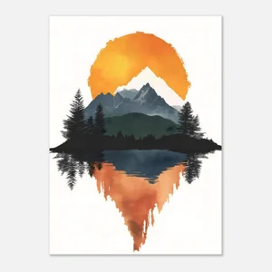 Poster minimaliste d'un grand soleil orange derrière des montagnes enneigées, avec une rive de sapins en silhouette et un lac dont le reflet orange coule comme de l'aquarelle