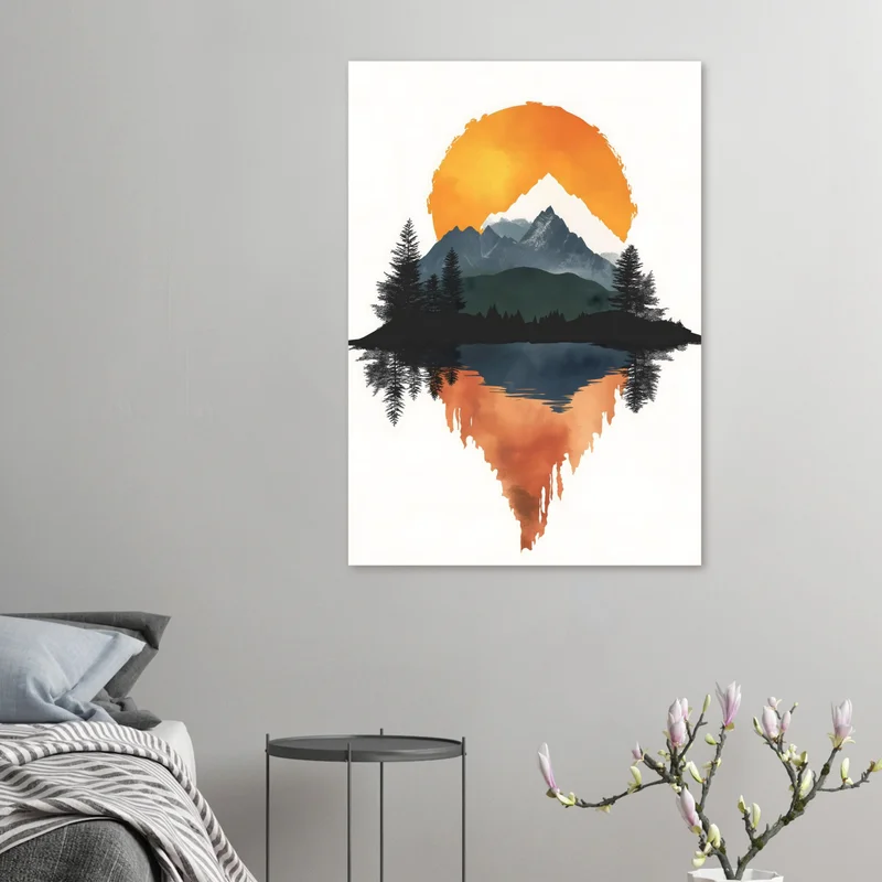 Poster Montagne et Lac au Coucher de Soleil, Reflet Aquarelle Orange, en situation