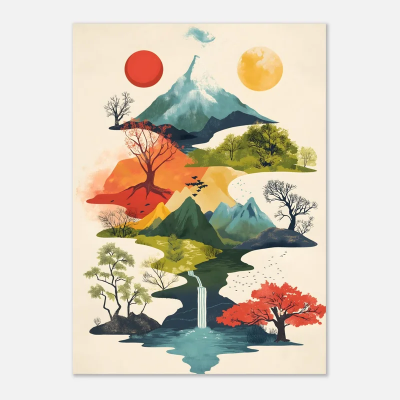Affiche Montagne Vintage : Soleil Rouge, Lune d'Or et Cascade