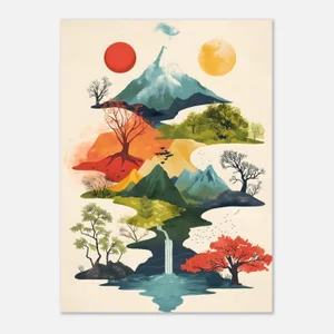 Affiche Montagne Vintage : Soleil Rouge, Lune d'Or et Cascade