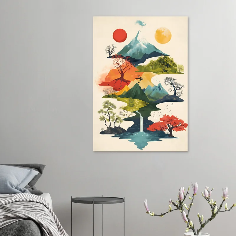 Affiche Montagne Vintage : Soleil Rouge, Lune d'Or et Cascade, en situation