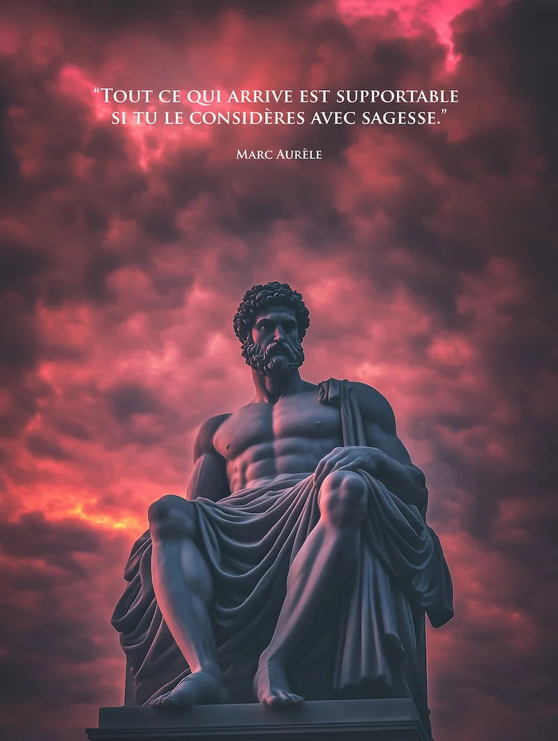 Affiche citation de Marc Aurèle : statue antique assise sous un ciel d'orage rouge