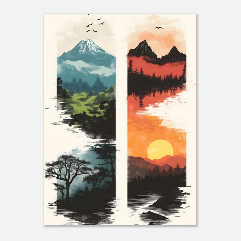 Poster diptyque nature minimaliste : à gauche un mont enneigé, des vallées vertes et des arbres dans la brume, à droite des sommets noirs, une forêt reflétée et un soleil couchant orange