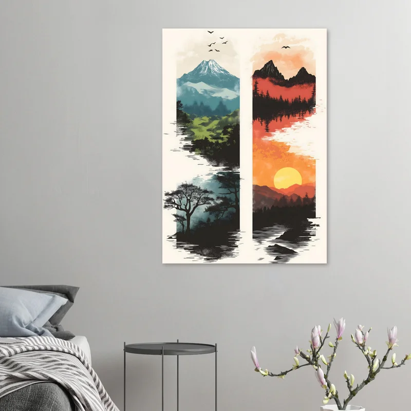 Poster Diptyque Montagnes, Mont Enneigé et Soleil Couchant, Nature Minimaliste, en situation