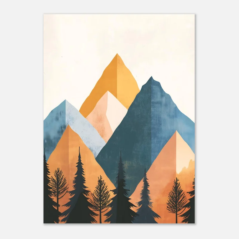 Poster de montagnes géométriques en triangles aux facettes moutarde, terracotta, pêche et bleu pétrole, devant une forêt de sapins en silhouette sur fond crème