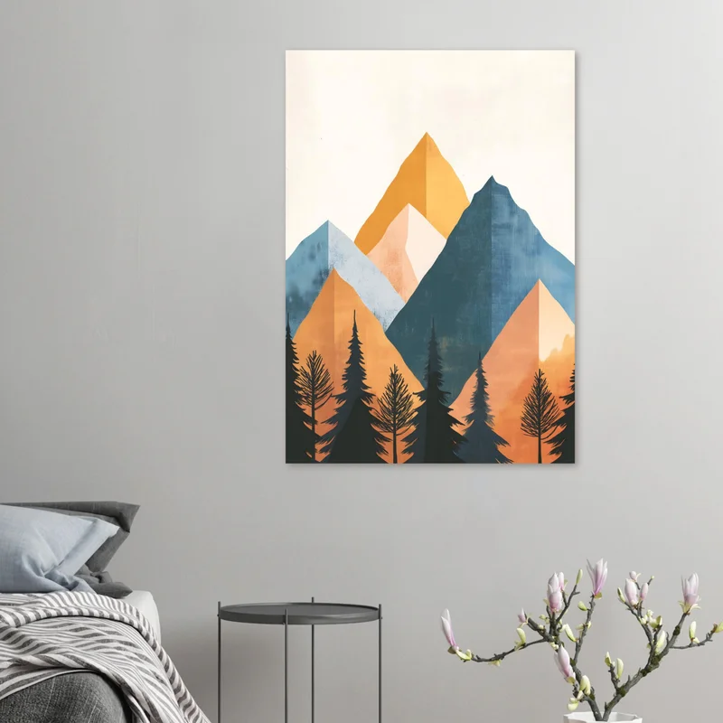 Poster Montagnes Géométriques Terracotta et Bleu, Forêt de Sapins Minimaliste, en situation