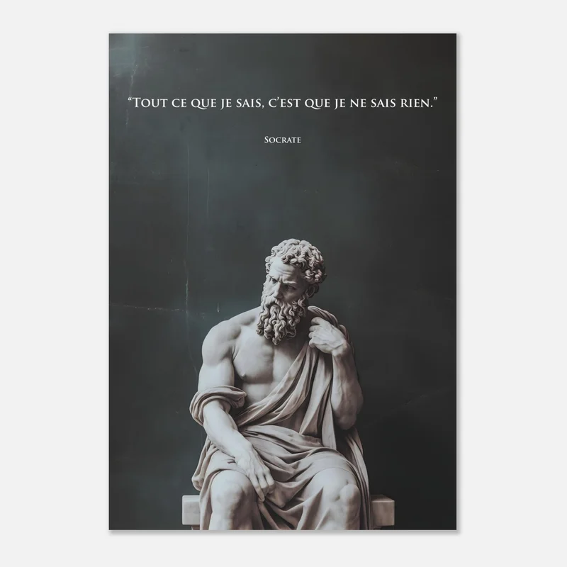 Statue antique de philosophe barbu en marbre assise sur un banc, tenant son drapé, sur fond vert ardoise, avec la citation « Tout ce que je sais, c'est que je ne sais rien »