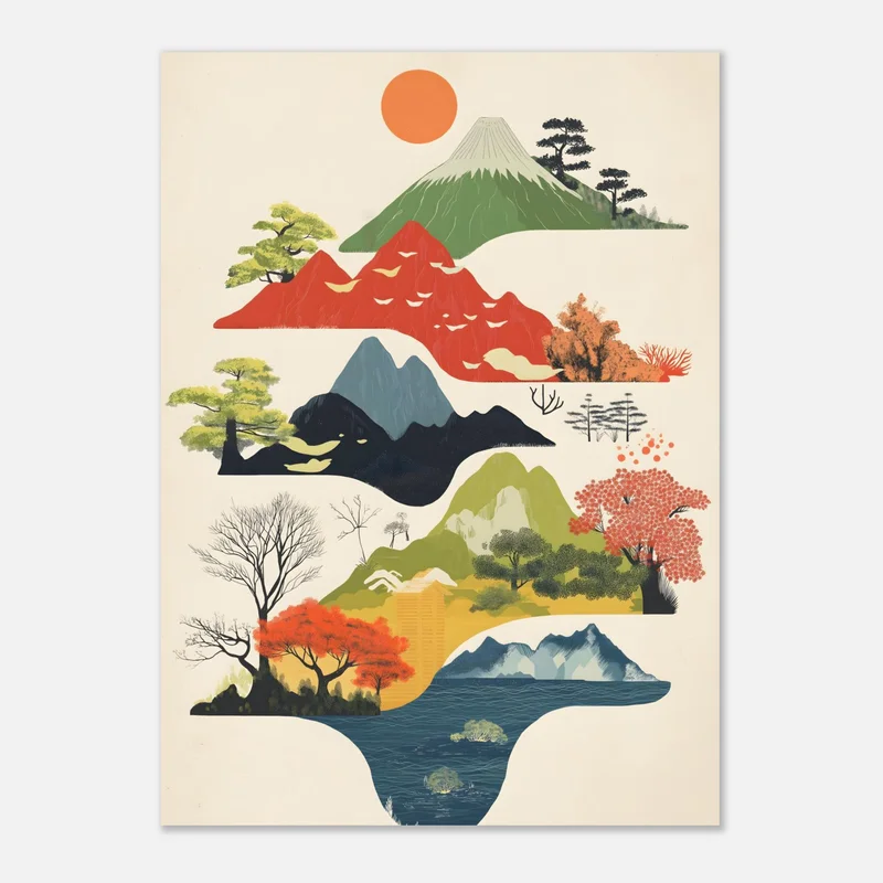 Poster paysage japonais minimaliste : volcan enneigé, soleil orange, montagnes rouges et bleues, pins et lac sur fond crème