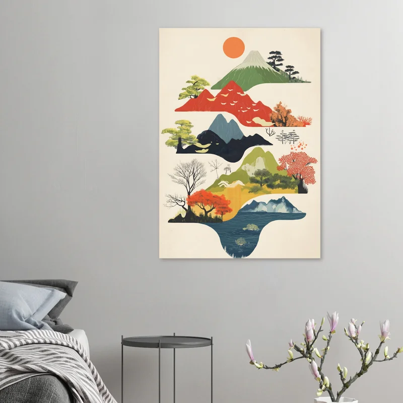 Poster Paysage Japonais Minimaliste : Montagnes et Soleil Levant, en situation