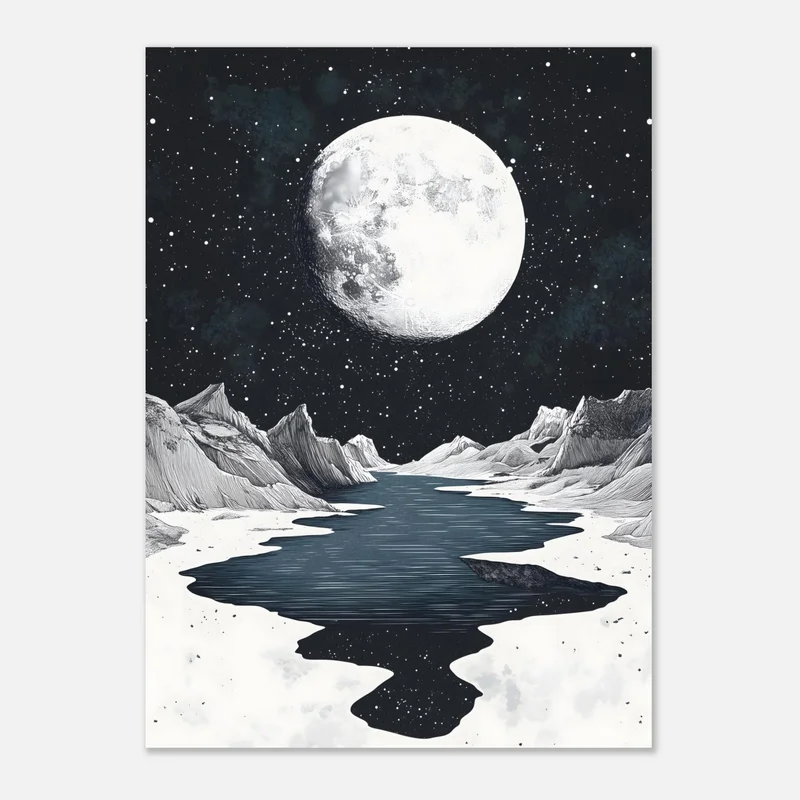 Poster noir et blanc style gravure : pleine lune au-dessus d’un lac sombre entouré de montagnes sous un ciel étoilé