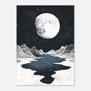 Poster noir et blanc style gravure : pleine lune au-dessus d’un lac sombre entouré de montagnes sous un ciel étoilé