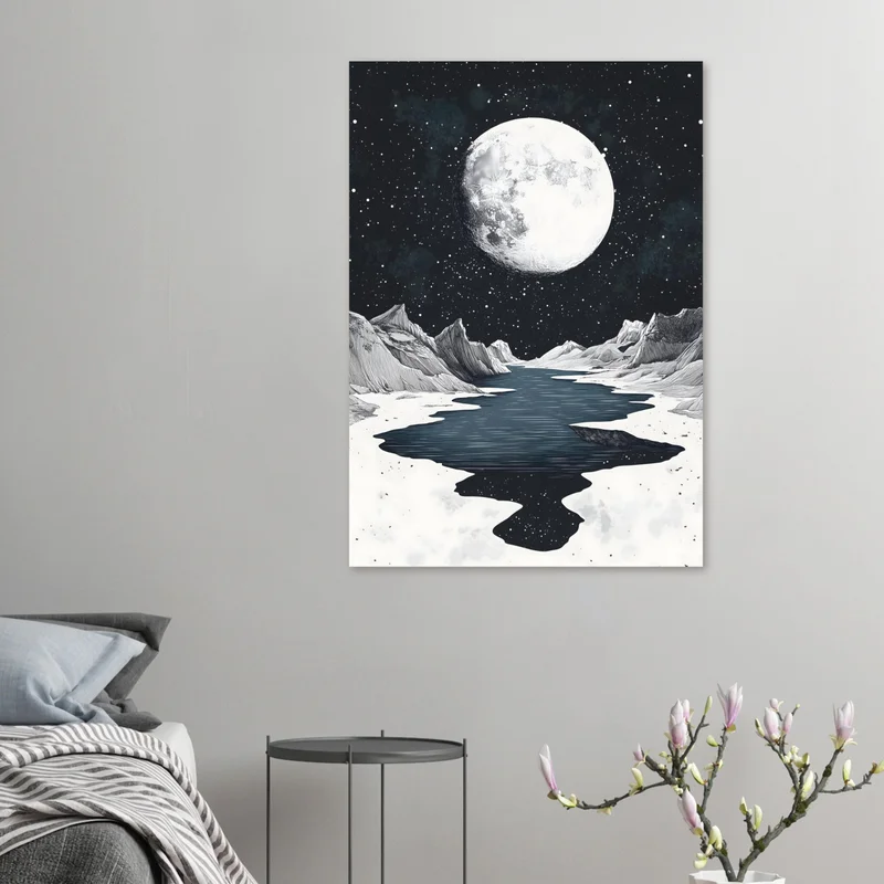 Poster Lune et Montagnes Noir et Blanc, Paysage Nocturne au Bord du Lac, en situation