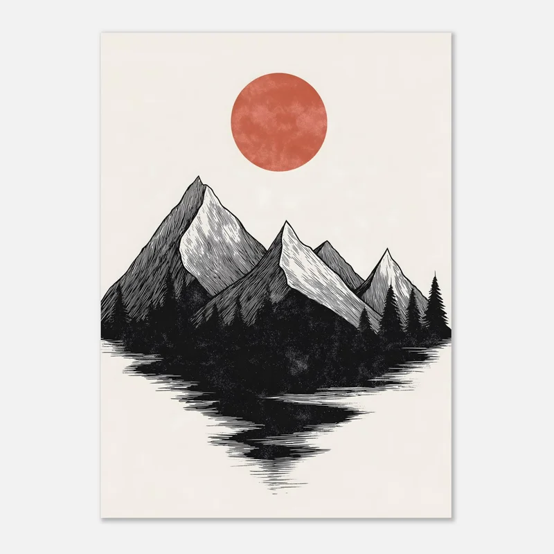Poster de montagnes en noir et blanc au trait façon gravure, avec sapins et reflet dans un lac, sous un soleil rouge sur fond crème