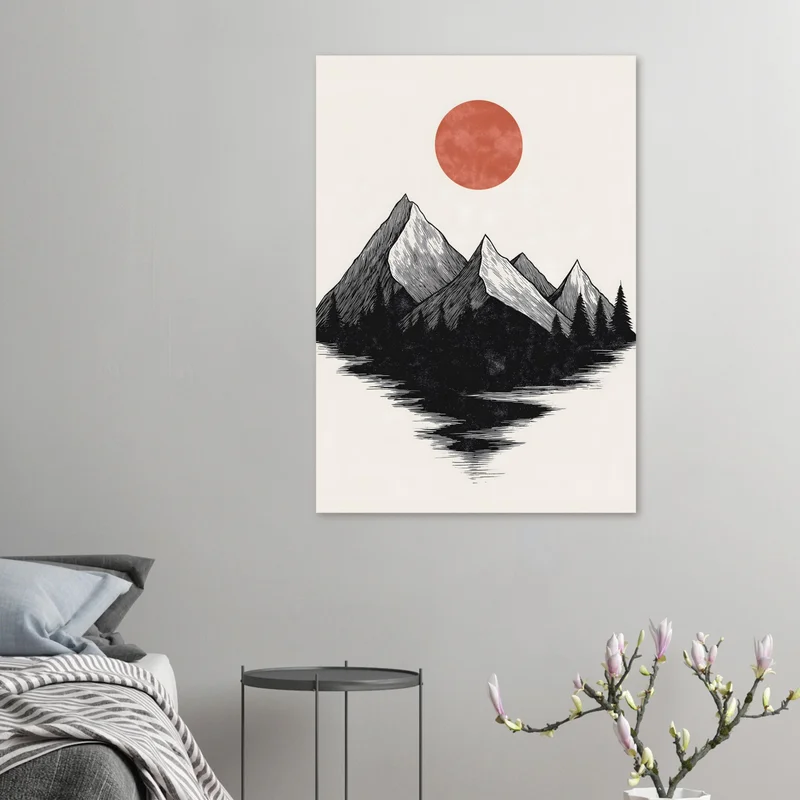 Poster Montagne Noir et Blanc et Soleil Rouge, en situation