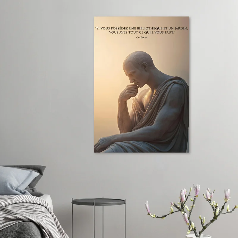 Une bibliothèque et un jardin, affiche citation de Cicéron, en situation