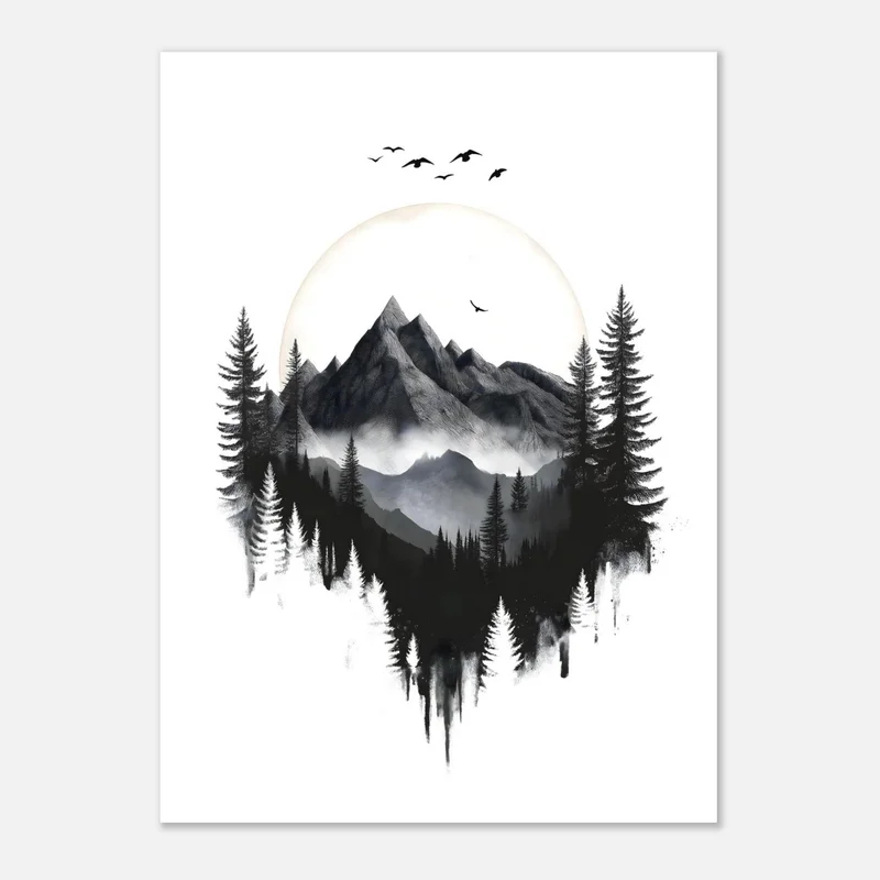 Poster noir et blanc d’une montagne dans un cercle clair, entourée de sapins et de brume, avec des oiseaux en vol, style encre