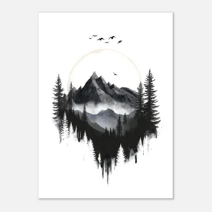 Poster noir et blanc d’une montagne dans un cercle clair, entourée de sapins et de brume, avec des oiseaux en vol, style encre