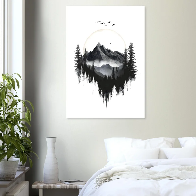 Poster Montagne et Forêt de Sapins en Noir et Blanc, en situation