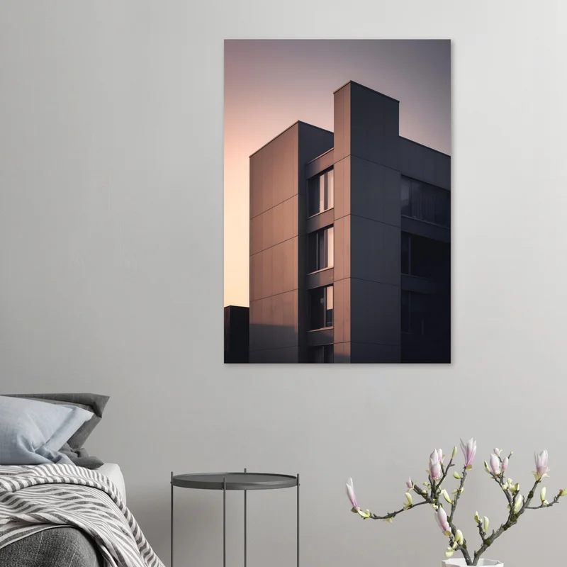 Poster Architecture Moderne au Crépuscule, Façade Anthracite et Cuivre, en situation