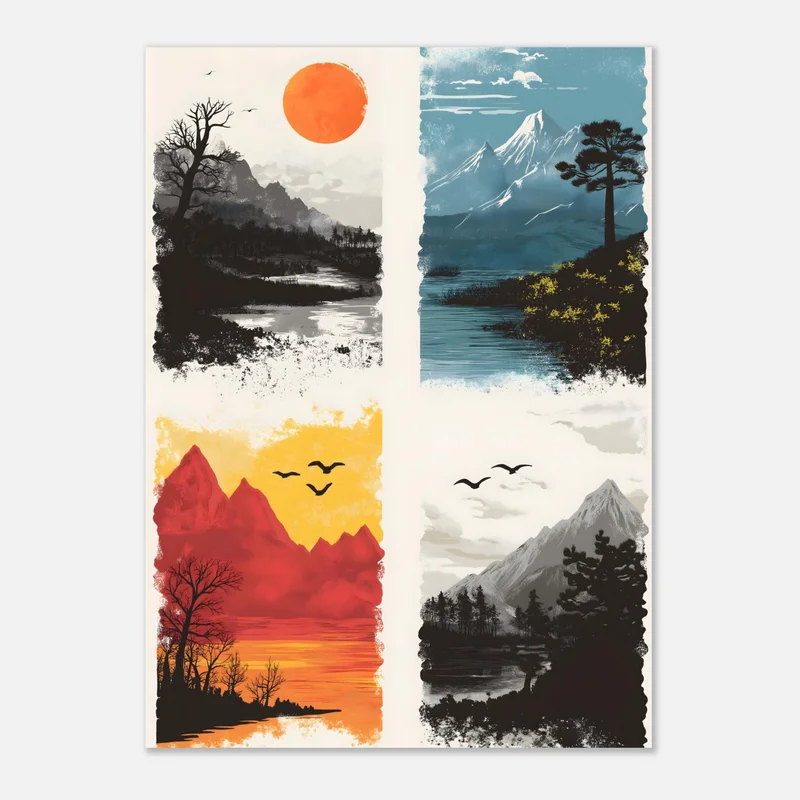 Poster minimaliste de quatre paysages de montagne texturés : rivière grise sous un soleil orange, lac bleu et pin, montagnes rouges sous ciel jaune, pic enneigé et forêt sombre