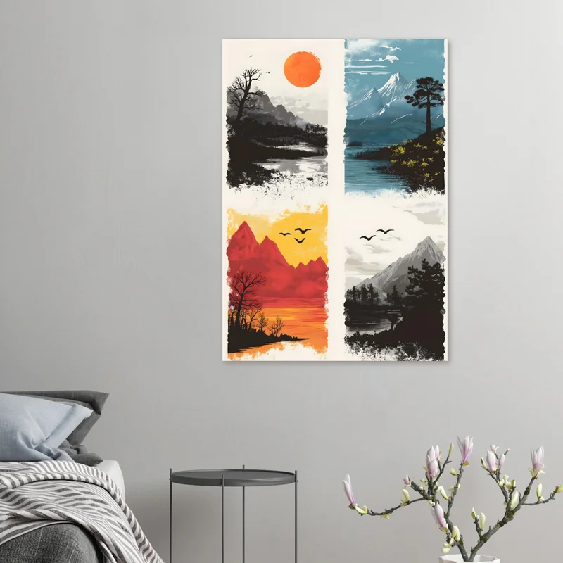 Poster Quatre Paysages de Montagne, Lacs et Forêts, Nature Minimaliste, en situation